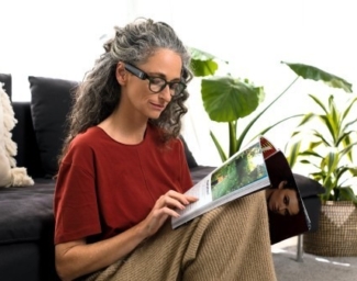 A woman using an OrCam MyEye to read a boo