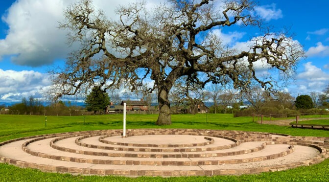 An image of the spiral-like designed Labyrinth on the EBC campus, a large oak tree can be seen in a green meadow just beyond the Labyrinth