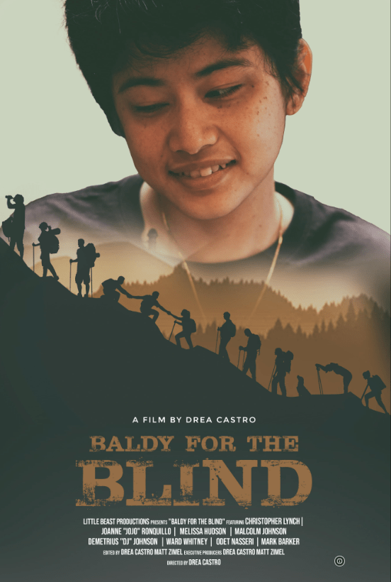 The “Baldy for the Blind” film poster: One of the blind hikers, who has short dark hair, is seen from the shoulders up. Superimposed over that are people with backpacks and hiking gear going up a mountain seen in silhouette. Below, the title of the film.