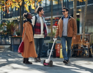 A man using the Glide mobility device chats with two others on a city sidewalk