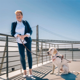 LightHouse CEO Sharon Giovinazzo stands with guide dog Pilot, a yellow lab, at the San Francisco Ferry terminal. A view of the San Francisco Bay Bridge can be seen behind her. She wears a blue pantsuit, a white-collared shirt and white heels. She holds Pilot’s leash while Pilot sits near her wearing a kerchief around the neck. The sun reflects off the top of Sharon’s short red hair as she smiles, mid-laugh.