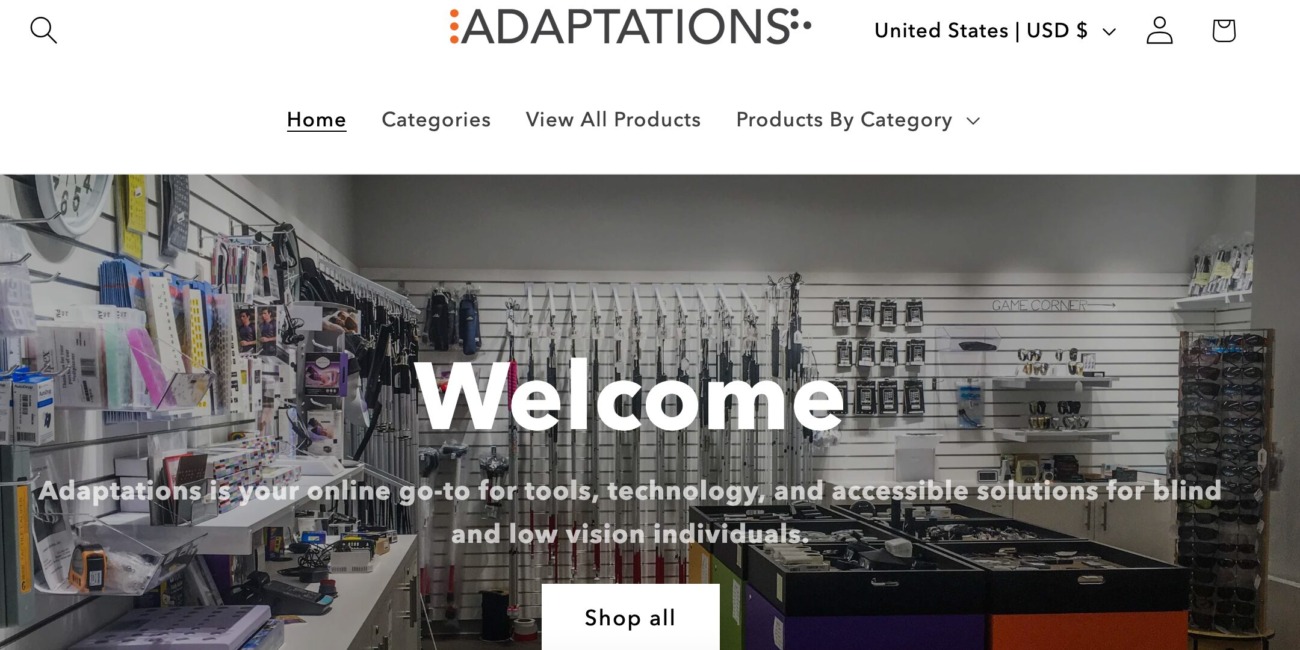 A screenshot of the Adaptations online store homepage