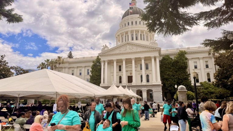 A large group of people rallying are gathered on the lawn in front of the Sacramento Capitol Building