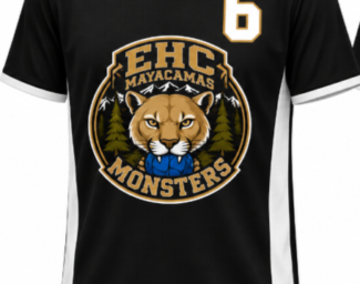 Black and white goalball jersey has an image of a mountain lion with a blue goalball in its mouth, redwood trees next to it, and the text "EHC Mayacamas Monsters" in goal font