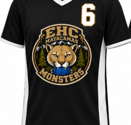 Black and white goalball jersey has an image of a mountain lion with a blue goalball in its mouth, redwood trees next to it, and the text "EHC Mayacamas Monsters" in goal font