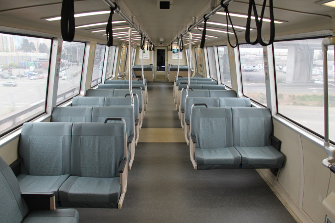 the interior of an empty BART car