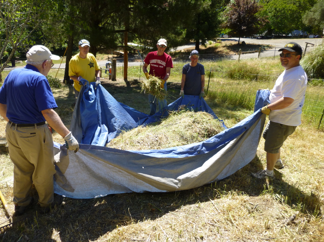 Kiwanis Club of Greater Napa members remove brush and debris using a large tarp
