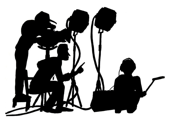 Black and white artistic rendition of a film crew holding equipment