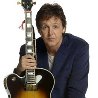 Paul McCartney holding his bass guitar
