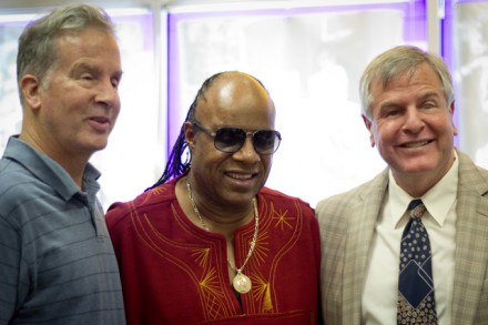 On August 13th legendary singer Stevie Wonder dropped by the LightHouse for the Blind with his friend Mike May (on left). He perused Adaptations, the LightHouse’s store of useful items for the blind, met CEO Bryan Bashin (on right) and sang a few songs with our clients.