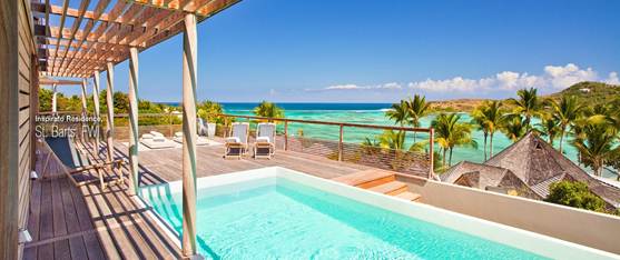 Pool, sun, palm trees make a tropical vacation scene