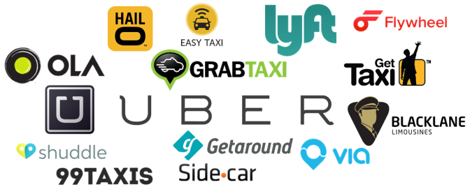 a collage of rideshare apps: Lyft, Uber, Flywheel, Sidecare, etc.