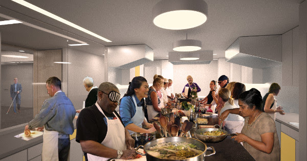 Artistic rendering of the proposed kitchen at the new LightHouse building, showing students and teachers preparing food.